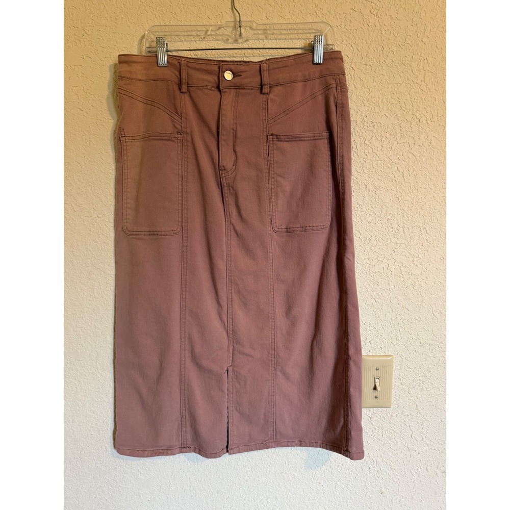 Polagram Mauve Denim Midi Skirt Women 1XL Front Slit Patch Pockets PSK4607-X